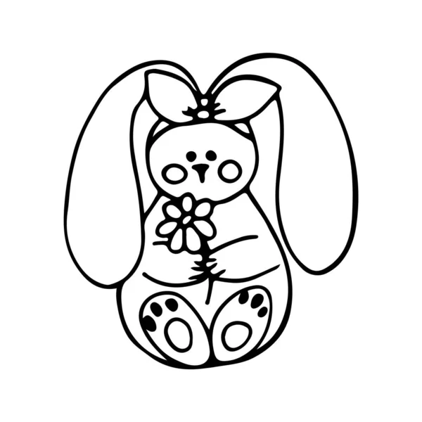 Doodle Linéaire Noir Blanc Lapin Pâques Tient Une Fleur Dans — Image vectorielle