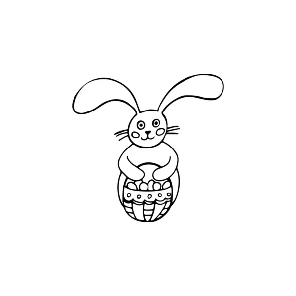 Czarno Biały Króliczek Wielkanocny Koszykiem Jajek Ręcznie Rysowana Ilustracja Liniowa — Wektor stockowy
