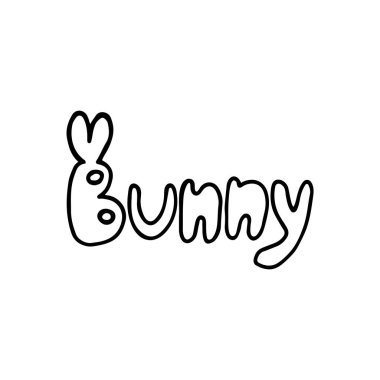 Siyah beyaz karalama metni, kulaklı tavşan. Tatillerin, kartların, logoların, çocuk odalarının tasarımı için el çizimi doğrusal çizimler.