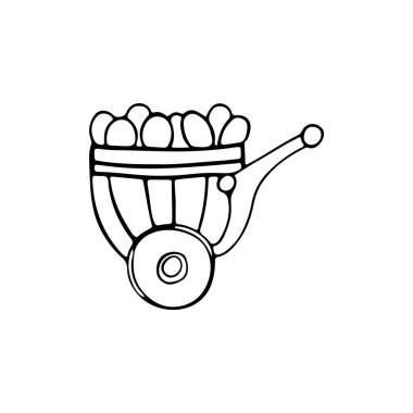 Paskalya yumurtası arabasının siyah beyaz çizimi. Tatillerin, kartların, logoların, çocuk odalarının tasarımı için el çizimi doğrusal çizimler.