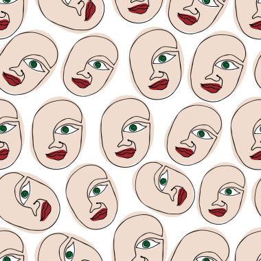 Soyut el çizimi yüzleri olan renksiz desen. Paketleme tasarımı, tekstil, web için karalama arkaplanı.