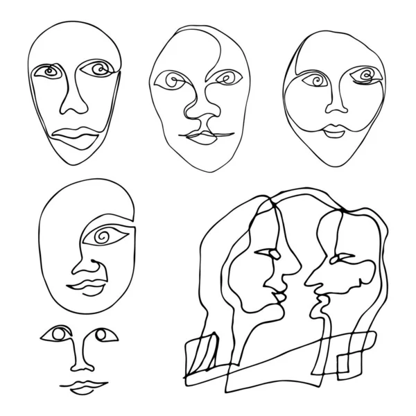Set Abstract Faces Drawn Doodle Style Hand Drawn Linear Image — Stock Vector