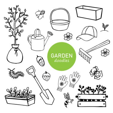 Black-white set of garden hand-drawn doodle elements, tools, plants, insects. Vector elements for printing, textile, design, logo. clipart