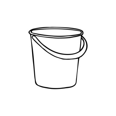 Siyah beyaz bir kova resmi. Vektör çizimi. Tasarım, ağ, simgeler, çocuk çizimleri için el çizimi karalama.