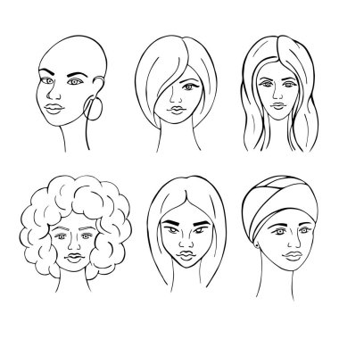 Elle çizilmiş farklı tipte kızlar. Feminizm kavramı. Güzel kızlarla Doodle seti. Kart, poster ve modern tasarım için vektör illüstrasyonu.