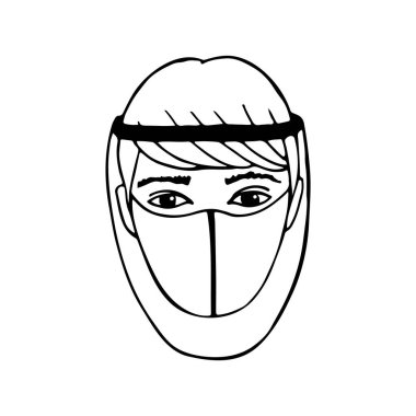 Koruyucu vizörlü bir adam ve elle çizilmiş bir maske. Web, broşürler, broşürler için vektör adam illüstrasyonu.