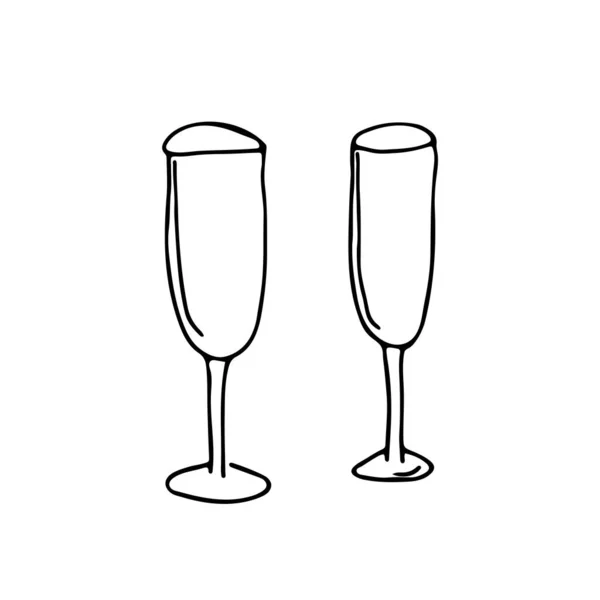 Doodle Met Hand Getekende Champagneglazen Zwart Witte Vector Illustratie Voor — Stockvector