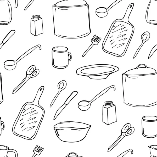 Weißer Nahtloser Doodle Hintergrund Mit Küchenutensilien Vektor Hintergrund Für Web — Stockvektor