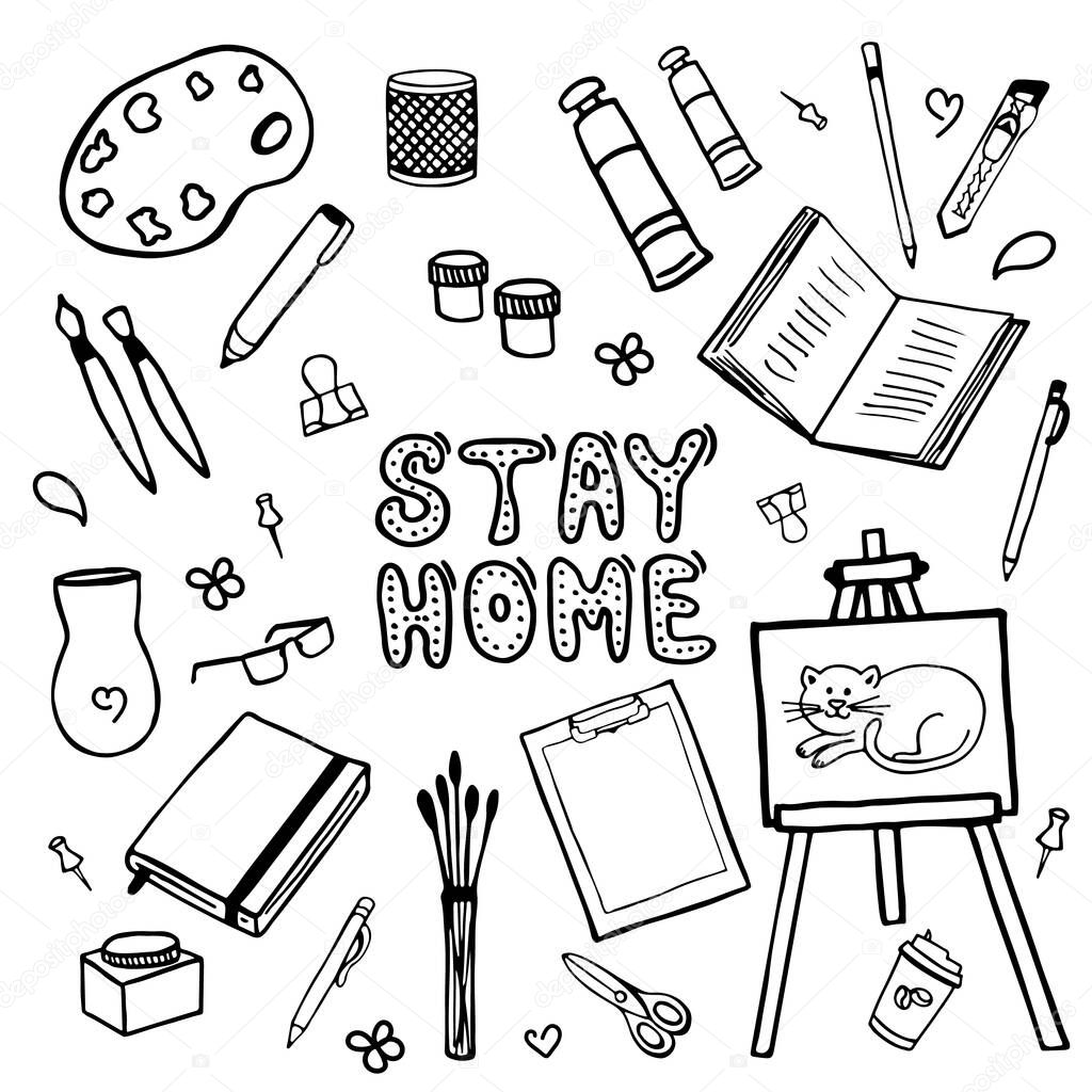 Stay at home. Doodle set of items for creativity, drawing, painting. Vector images for web, print, background, icons.