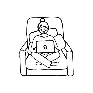 Siyah-beyaz çizgili koltukta oturan bir kız resmi. Web, pankartlar, kartlar, tasarımcılar için elle çizilmiş bir resim. Evde çalış. Evde kal..