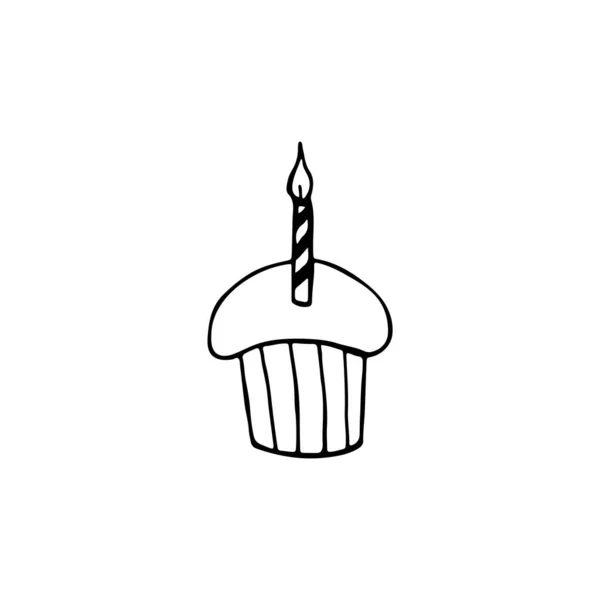 Muffin Doodle Bonito Com Vela Ilustração Vetorial Desenhada Mão Para — Vetor de Stock