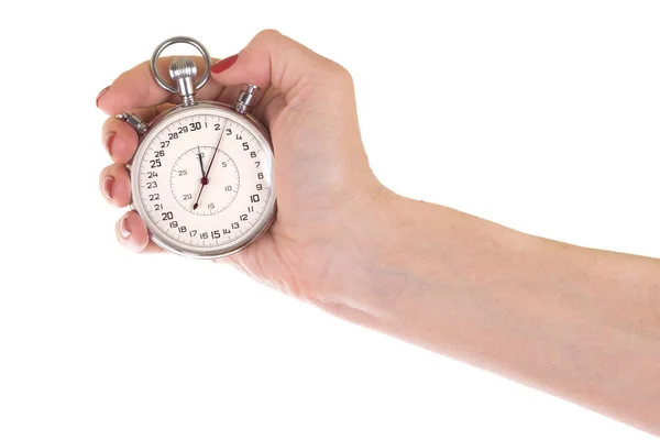 Female Hand Holding Old Stopwatch White — Stock Photo, Image