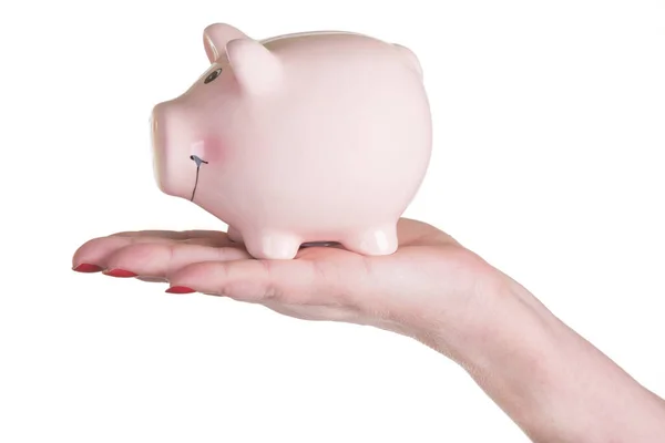 Mano Femminile Che Tiene Piggybank Sfondo Bianco — Foto Stock