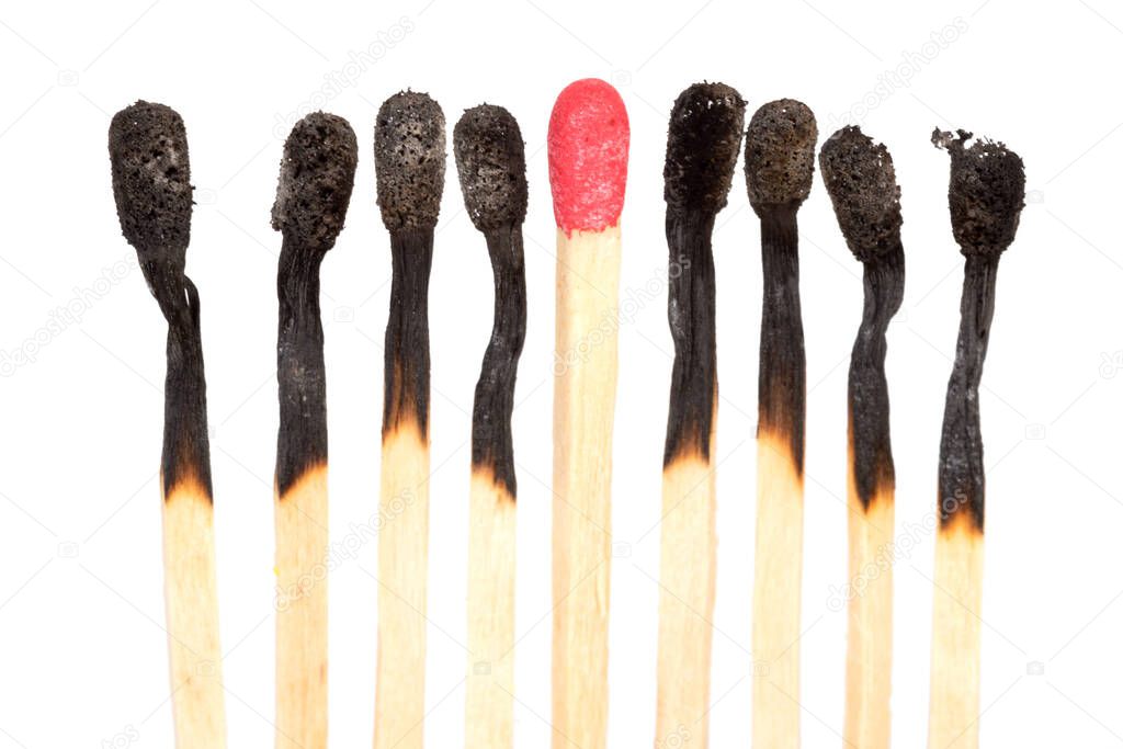 Burned matches over white background