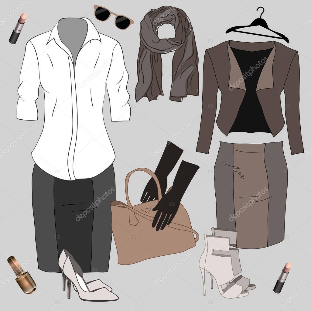 Set of trendy women's clothes. Outfit of woman jacket,