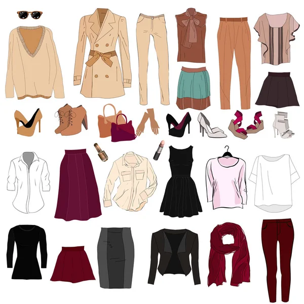 Set van trendy womens kleding. Outfit van de vrouw jas, — Stockvector