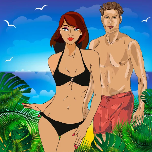 Αγόρι και κορίτσι στην παραλία μαζί. Εικονογράφηση διάνυσμα των διακοπών — Διανυσματικό Αρχείο