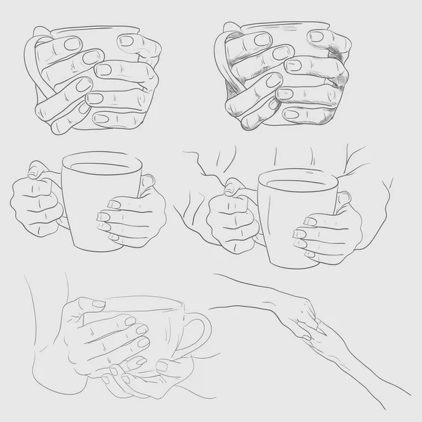 Lidské ruce drží šálky s kávou. Vektorové sada. — Stockový vektor