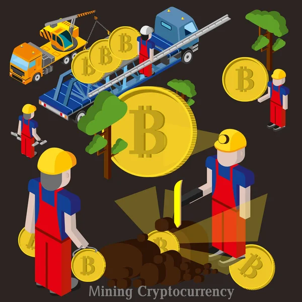Bitcoin těžby koncept s krumpáč, mladý muž charakter, mince a horských graf. — Stockový vektor
