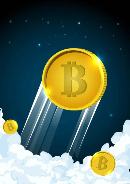 Ilustración de cohete volando sobre las nubes con el icono de bitcoin — Vector de stock