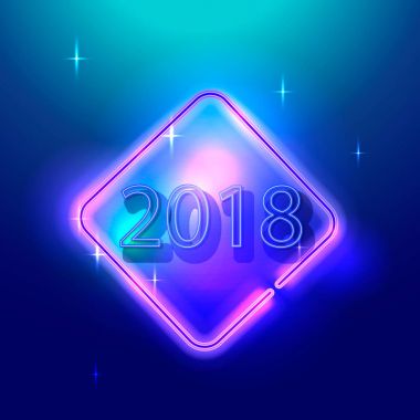 Parlak neon rakamlar 2018 vektör. Yeni yıl tebrik kartı, davet, afiş