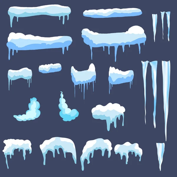Набор ледяных шапок. Снежные заносы, сосульки, элементы зимнего декора. — стоковый вектор