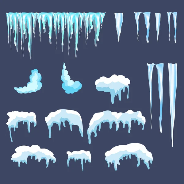Een paar ijskappen. Sneeuwvlokken, ijspegels, elementen winterdecor. — Stockvector