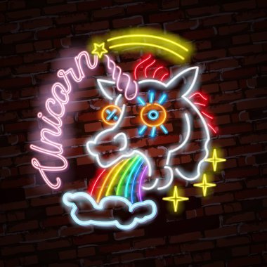 Vector realistic isolated neon retro sign of unicorn for decoration and covering on the wall background. vector