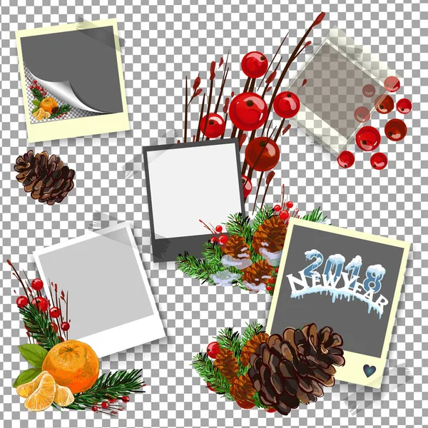 Conception de conifères de Noël avec des bonbons et du papier photo. Carte de vacances vectorielle — Image vectorielle