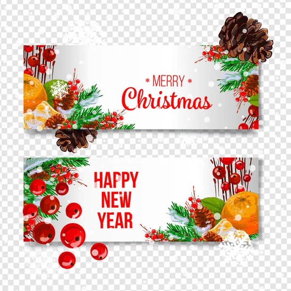 Fondo de vacaciones vectorial con ramas de abeto, adornos y cartas de Feliz Navidad. Bolas colgantes y cintas. Guirnalda de árbol de Navidad aislada, frontera . — Vector de stock