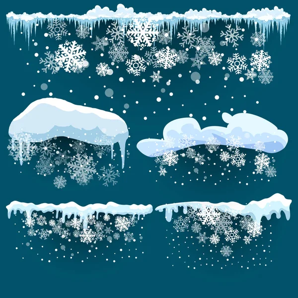 Набор изоляционных снежных шапок. Снежные элементы на зимнем фоне. Векторный шаблон в стиле мультфильма для Вашего дизайна . — стоковый вектор