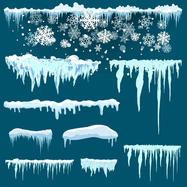 Conjunto de tampa de neve isolada. Elementos nevados no fundo do inverno. Modelo de vetor em estilo de desenho animado para o seu projeto . —  Vetores de Stock