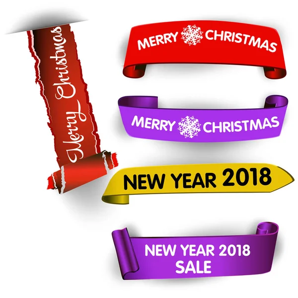 Colorful curl paper ribbon with roll, realistic vector illustration. Merry Christmas and Happy New Year design template — Stock Vector
