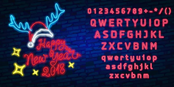 Prettige kerstdagen en een gelukkig Nieuwjaar. Wenskaart of uitnodiging patroon in neon stijl. Neon lichtgevend uithangbord, heldere lichtgevende banner. Vintage vectorillustratie. — Stockvector