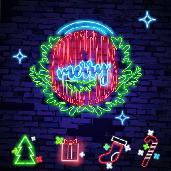 Stel kerst neon teken in. Neon teken, helder bord, lichtbanner. Vectorpictogrammen — Stockvector