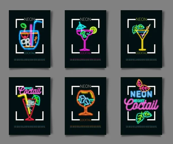 Ilustracja wektorowa neonowe kolory na czarnym tle Cocktail Party. Różnych kieliszki koktajlowe — Wektor stockowy