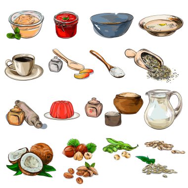 illüstrasyon izole mutfak araçları vektör ayarlayın. kaşık, oklava, tencere, tabak, bardak, kavanoz reçel