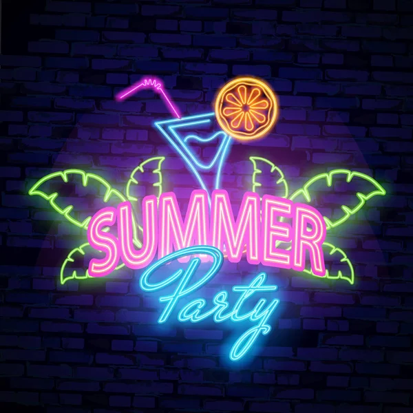 A neon poszter nyári party. Reklám utazási nyaralni, a tengerbe. Vektoros illusztráció, fekete — Stock Vector