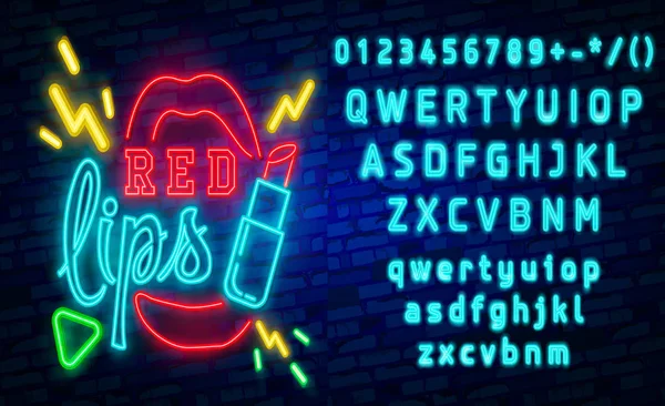 Red Lips neon sign, Set fashion neon sign. bright signboard, light banner. Vector icons — Stock Vector