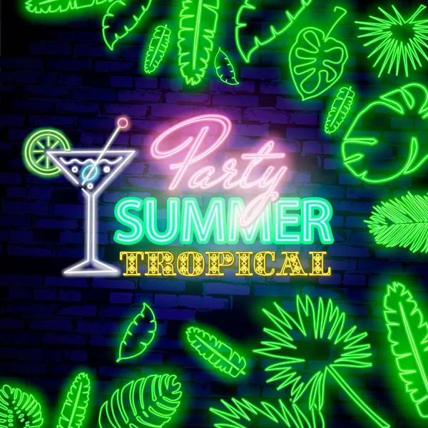 Semn strălucitor de vară neon cu frunze exotice tropicale neon — Vector de stoc