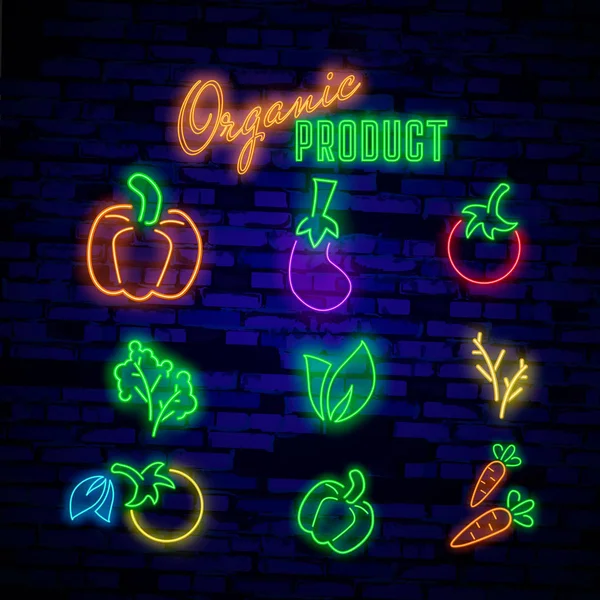 Neon signs. The symbols of different fruit and vegetables on a dark background. — Stock Vector