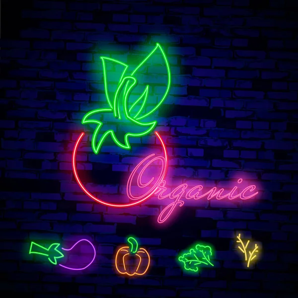 Веганский логотип в неоновом стиле. Неоновый символ, яркий светящийся знак, неоновая ночная реклама на тему вегетарианской пищи , — стоковый вектор