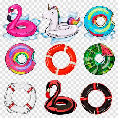 Renkli yüzme halkalar Icon set üzerinde şeffaf arka plan izole. Vektör çizim.