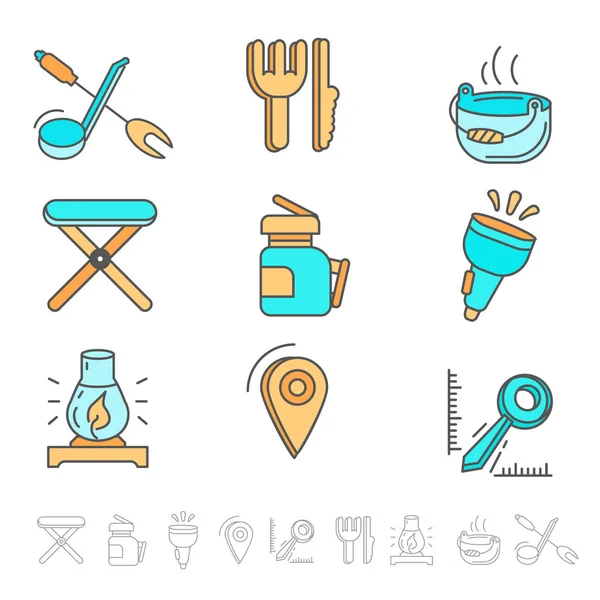 Camping Elements Outline Icons Set Linear Style Symbols Collection Line — Stock Vector
