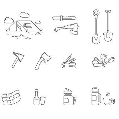 Kamp öğeleri Icons set anahat. Doğrusal stil semboller koleksiyonu, hat paketi imzalar. vektör çizim