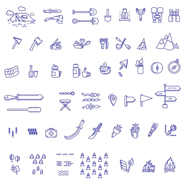 Elementos de camping bosquejan iconos establecidos. colección de símbolos de estilo lineal, paquete de signos de línea. ilustración vectorial — Vector de stock
