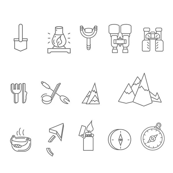 Elementos de camping bosquejan iconos establecidos. colección de símbolos de estilo lineal, paquete de signos de línea. ilustración vectorial — Vector de stock