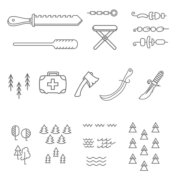 Elementos de camping bosquejan iconos establecidos. colección de símbolos de estilo lineal, paquete de signos de línea. ilustración vectorial — Vector de stock