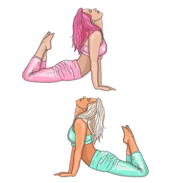 Ragazza in posizione yoga. Yoga femminile. Illustrazione vettoriale di bella donna dei cartoni animati in varie pose di yoga . — Vettoriale Stock