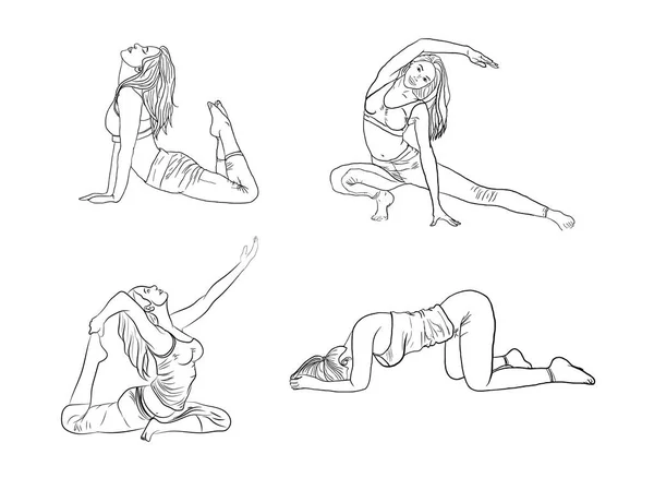 在瑜伽的位置手绘女孩 美丽卡通女性在不同体式瑜伽中的矢量插画 — 图库矢量图片